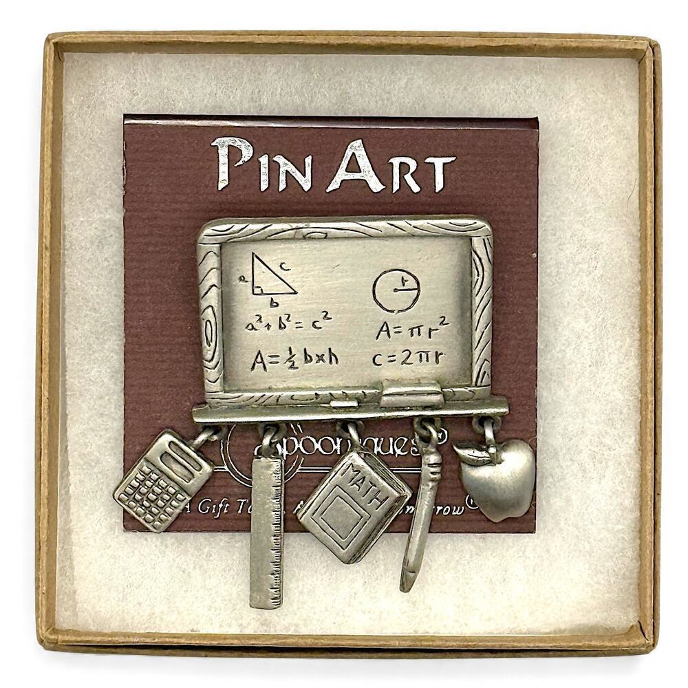 NOS Vintage Teacher JJ Spoontiques Brooch Pin Silver Tone Dangle Charm Math Book - Picture 1 of 4